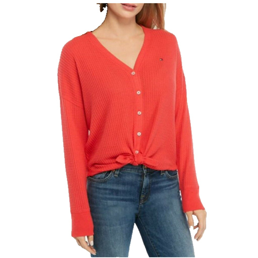 Tommy Hilfiger Women's Red Tie Waffle Cardigan Size XL